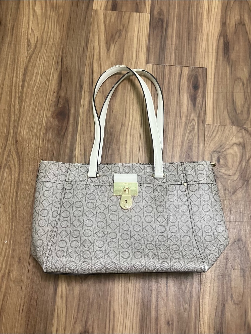 Calvin Klein Taupe Monogram Tote with Cream Straps